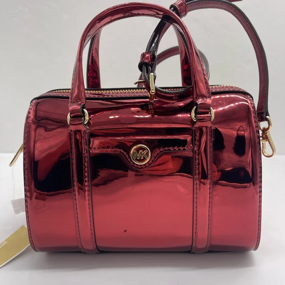 MICHAEL KORS Jet Set Sm Metallic Convertible Crossbody Duffle XBODY Cherry NWT